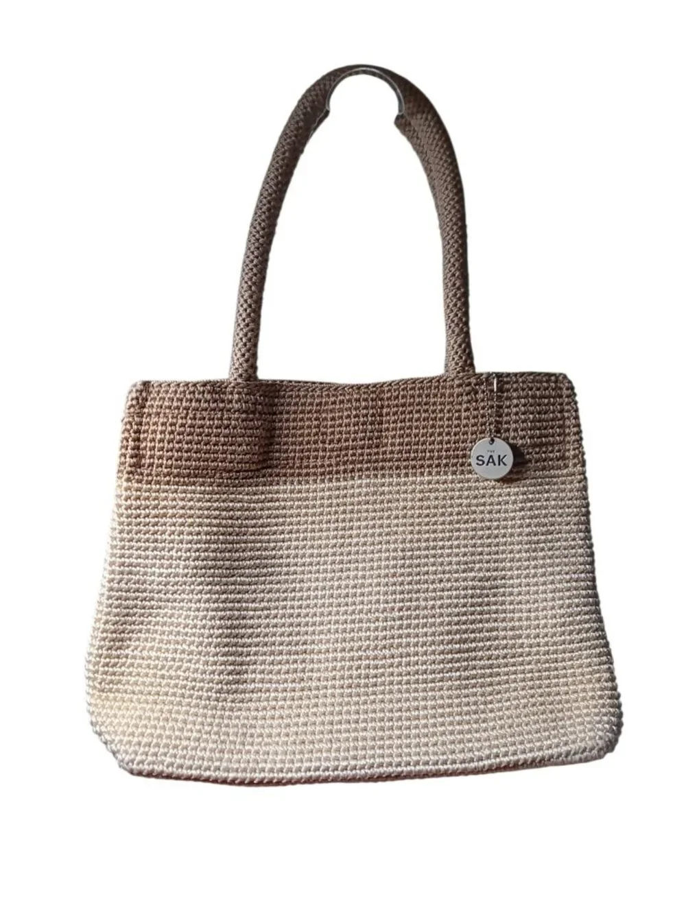 Classic The Sak Crochet Tote 2-Tone Neutral Tan Woven Purse Magnetic Snap w/ Fob